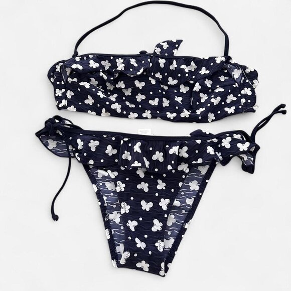 Navy white girly Cottagecore dainty polka dot butterfly ruffle tie halter bikini - Picture 4 of 6